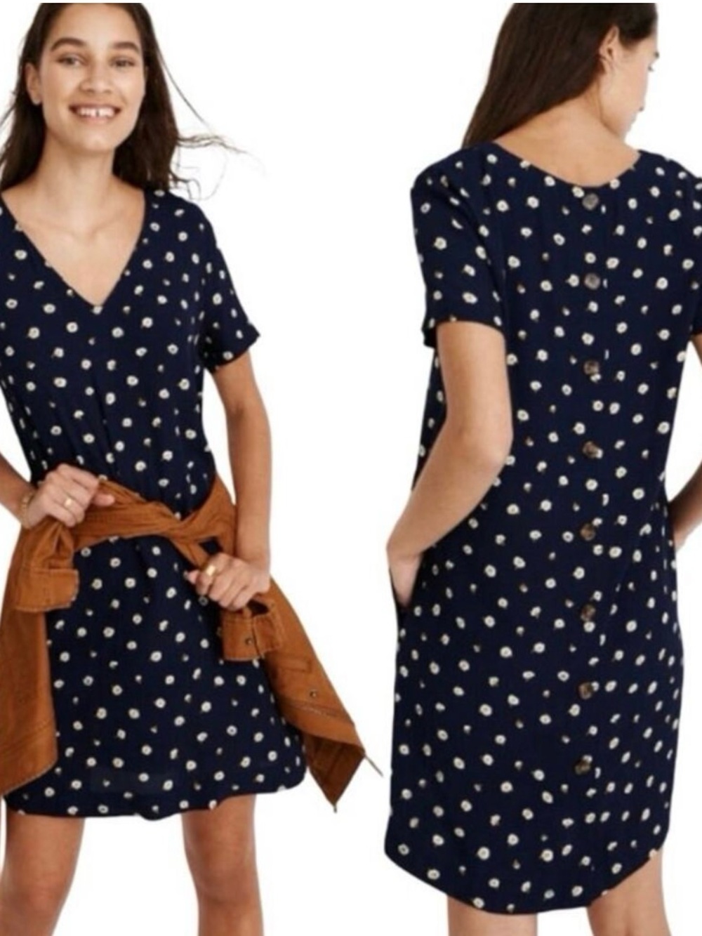 Madewell Navy Floral V-Neck Mini Dress